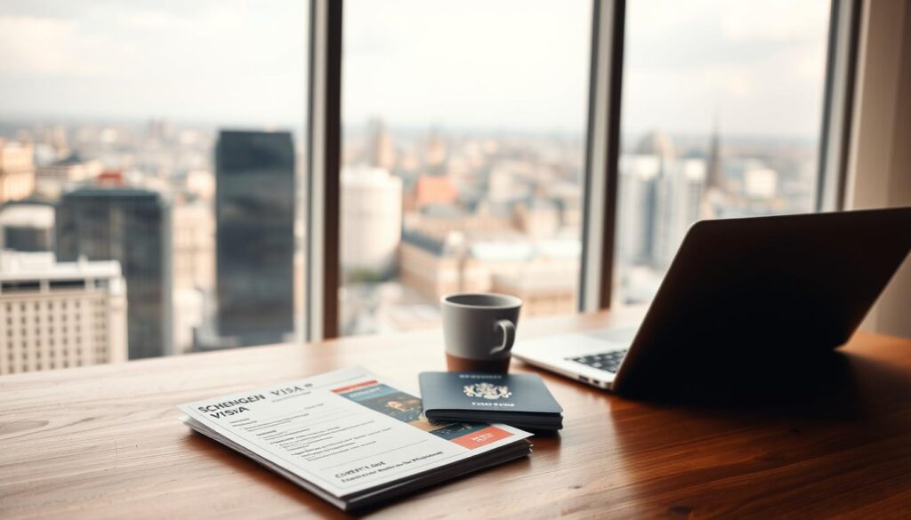 A serene, well-lit interior space with a large window overlooking a bustling city skyline. In the foreground, a wooden desk showcases a Schengen visa document and a stack of passport photos, subtly conveying the benefits and implications for Indian travelers. The middle ground features a sleek laptop and a cup of coffee, creating a professional, productive atmosphere. The background depicts the iconic architecture of European cities, hinting at the travel opportunities afforded by the Schengen visa. Soft, warm lighting and a muted color palette evoke a sense of tranquility and efficiency, reflecting the ease and convenience of the multiple entry Schengen visa.