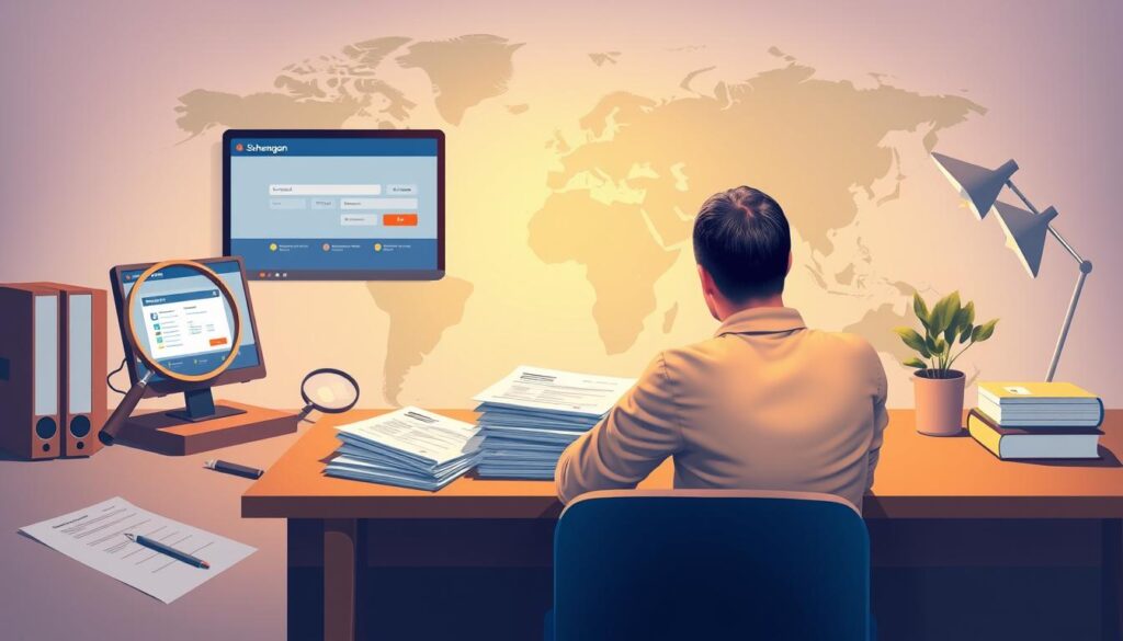 Schengen Visa Application Process: A meticulously detailed illustration showcasing the application workflow. In the foreground, a traveler sits at a desk, contemplating a stack of forms and documents. The middle ground features a magnifying glass, a pen, and a computer screen displaying the Schengen visa application portal. In the background, a world map with the Schengen countries highlighted, creating a sense of global connectivity. Soft, warm lighting illuminates the scene, conveying a sense of precision and professionalism. The composition emphasizes the importance of careful preparation and attention to detail in the Schengen visa application process.